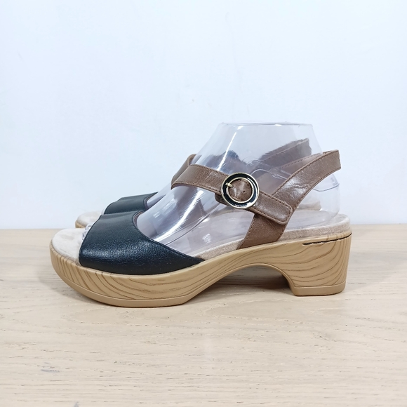 Dansko Black and Brown Leather Slingback Platform Sandals 941 - Picture 1 of 11